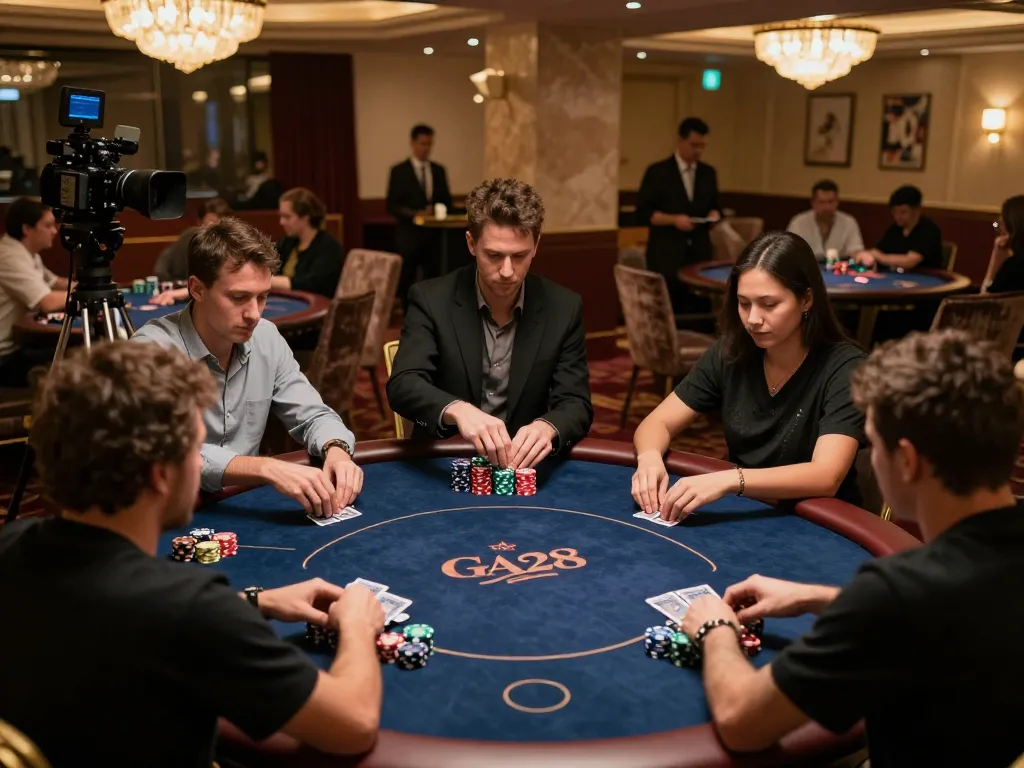 Players enjoying a thrilling poker game at GA28's luxurious VIP area with strategic gameplay and elegant atmosphere.