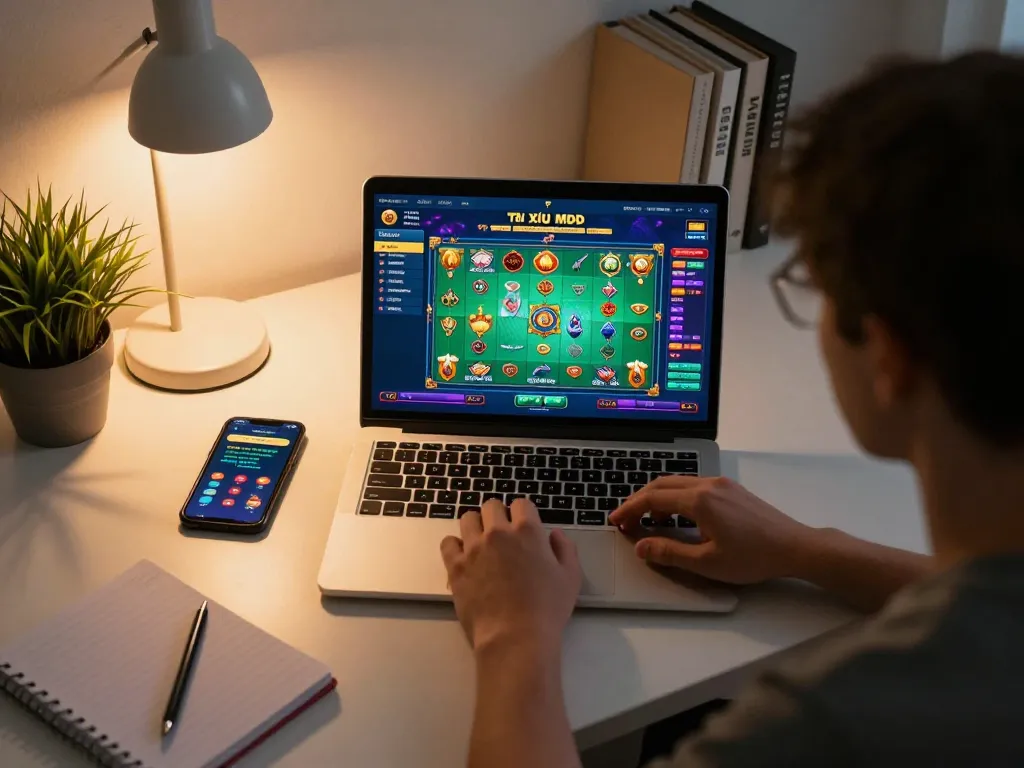 Engaging gameplay experience of tài xỉu md5 displayed on a laptop screen in a cozy home setting