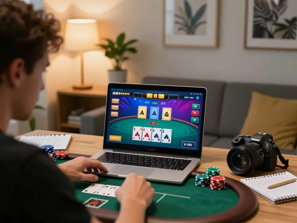 VA88 online poker player strategizing in a cozy home office environment