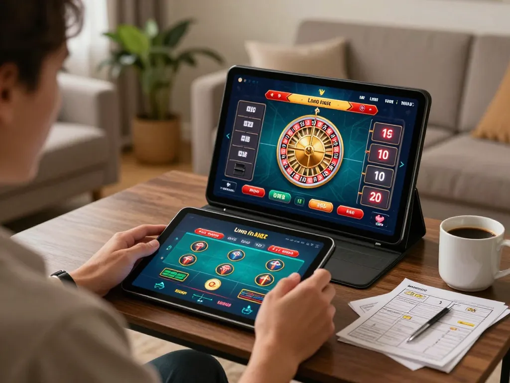 Engaged player using LV88 app on tablet for online roulette in a cozy living room setting.