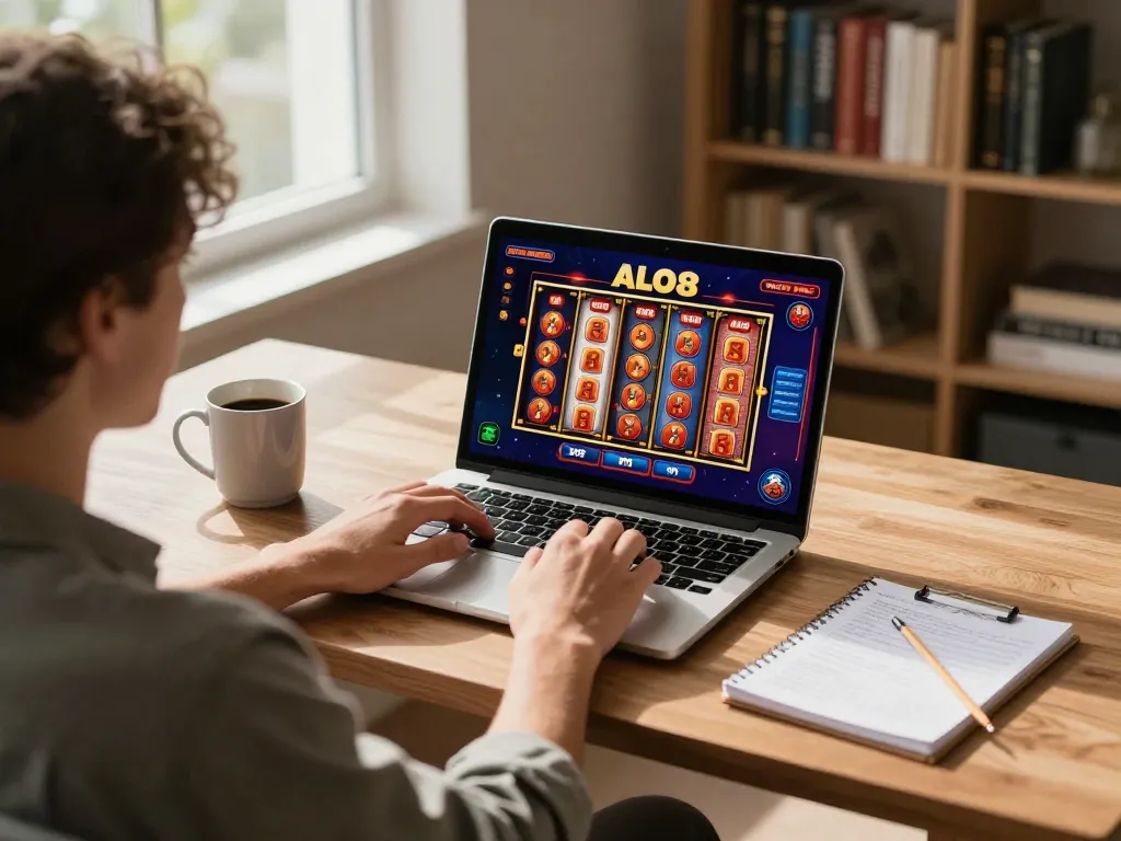 Play exciting ALO8 VIP online games on a laptop in a stylish home office setup.