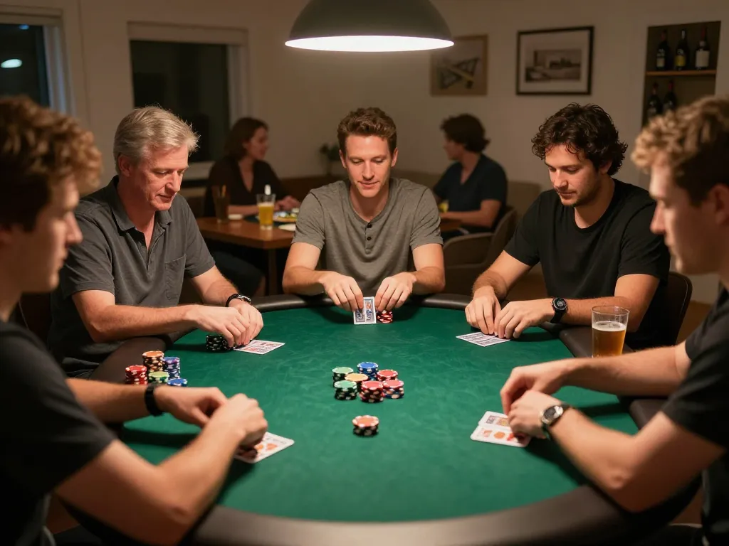 Players engaging in strategic poker gameplay at home game night with 13Win ambiance.