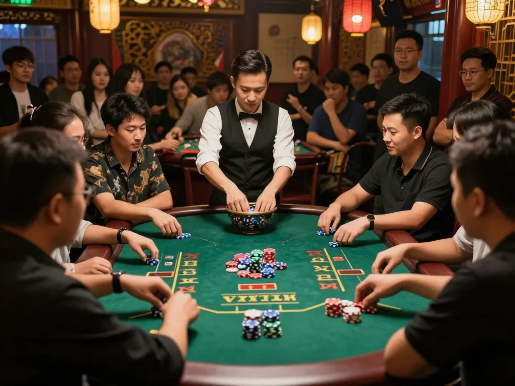 Xóc đĩa game in action with players placing bets and colorful chips on a vibrant casino table.