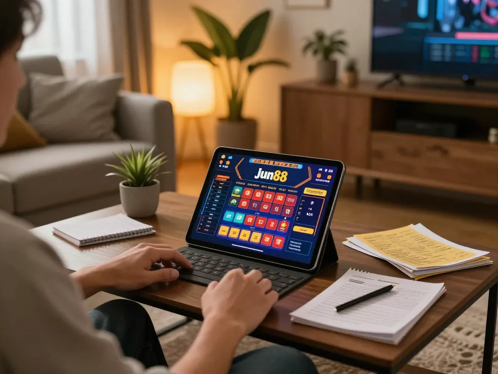 Player using jun88 casino app on tablet in cozy living room, showcasing online gaming.