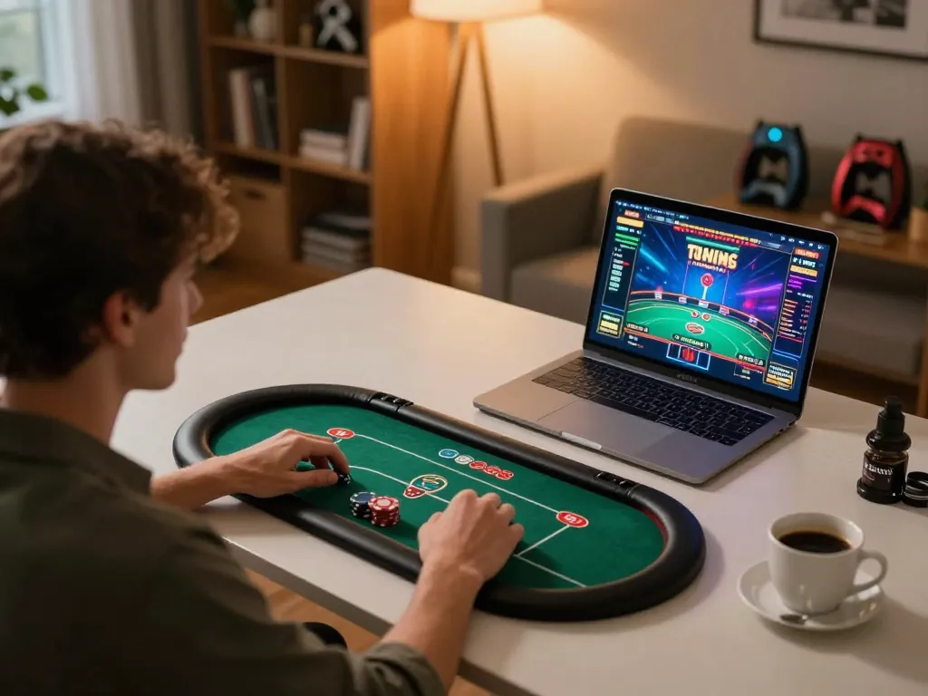 Player strategizing at home using the VMAX online casino app while enjoying a cozy coffee.