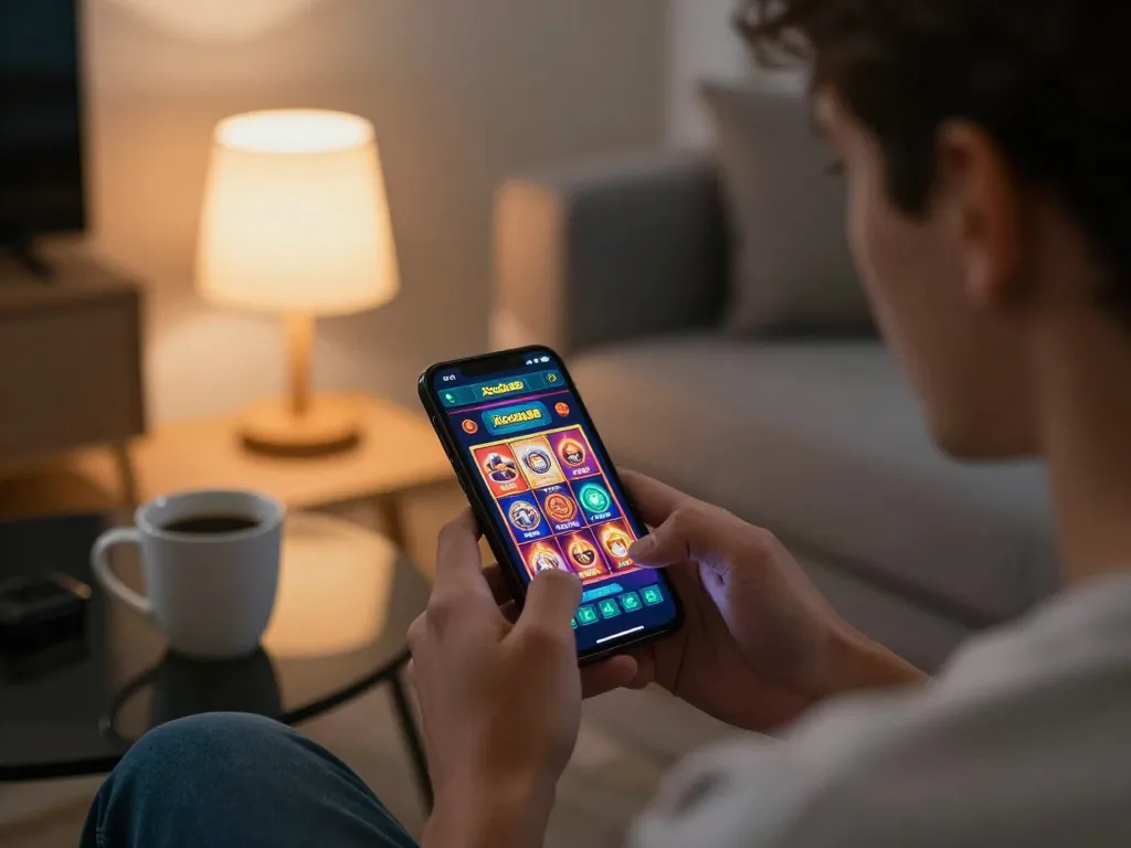 Player engaging with the Xocdia88 app on smartphone, immersed in online gambling