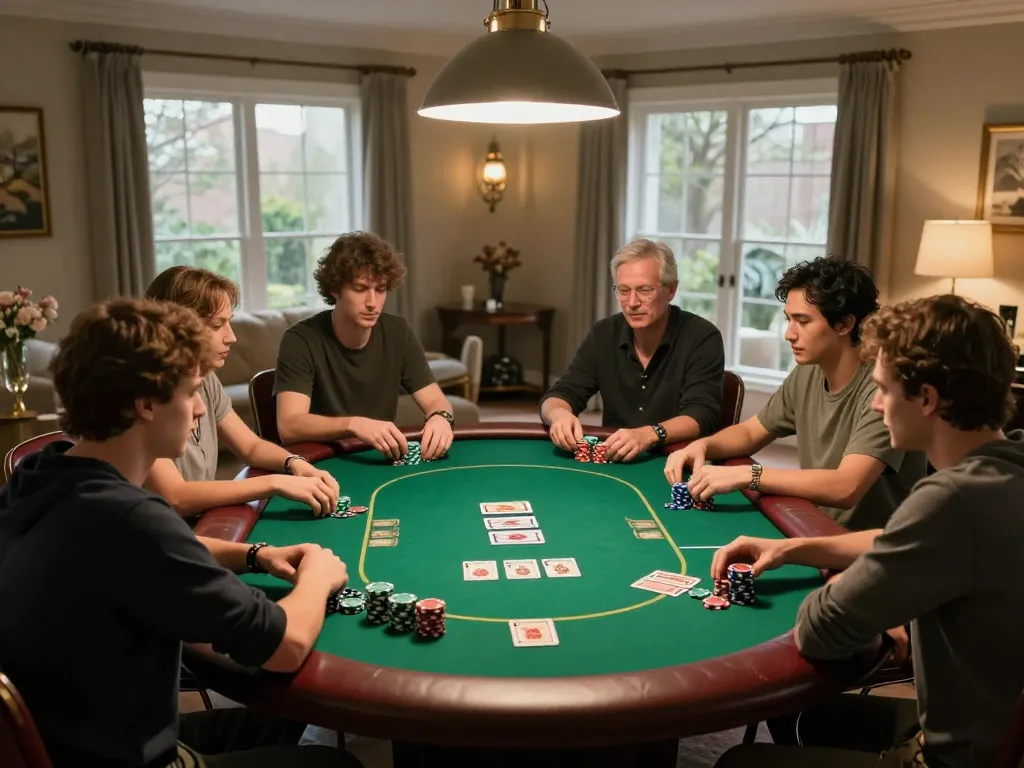 Max88 players enjoying an exciting Texas Hold'em game at a home poker night with chips and community cards.