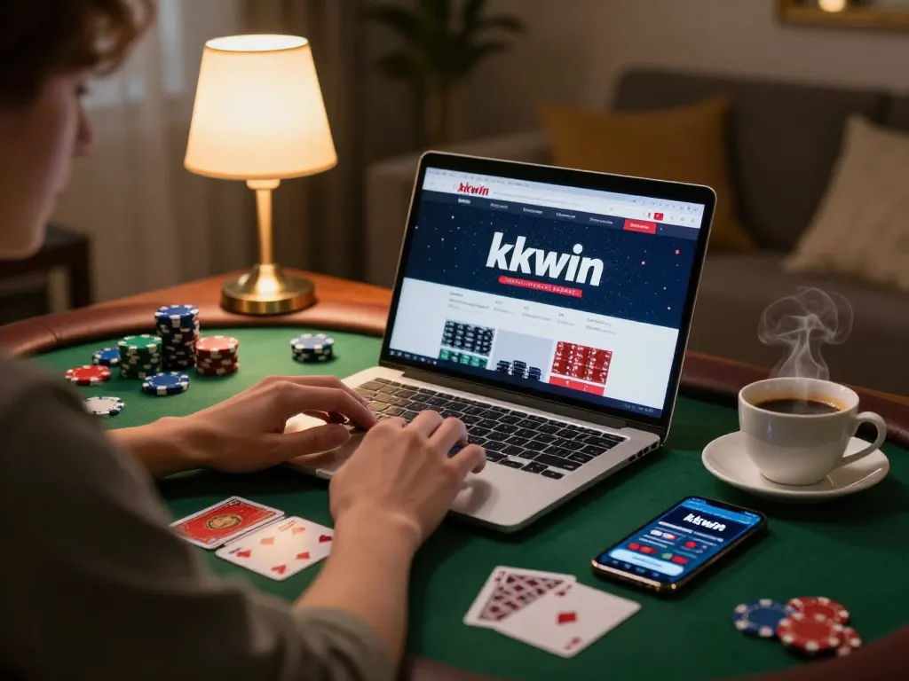 Engaging gaming moment at home with kkwin app on laptop and chips for online casino