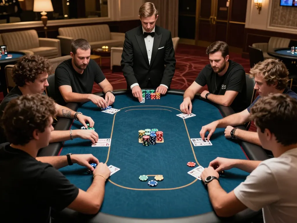 llwin players engaging in an intense poker tournament featuring colorful chips and an elegant casino setup