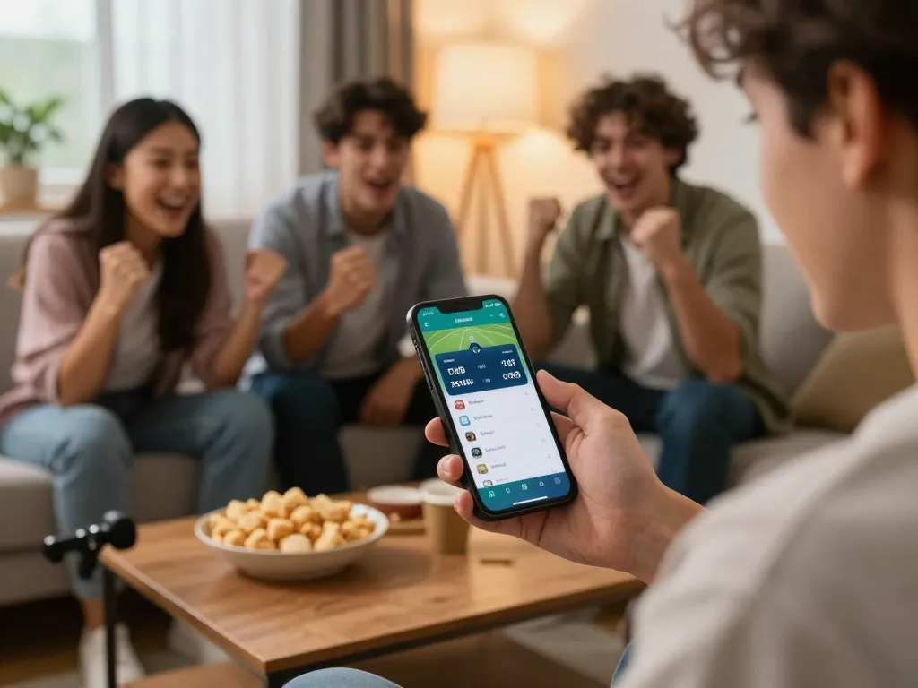 Engaging sports betting moment on F8BET app with friends enjoying the excitement of live odds.
