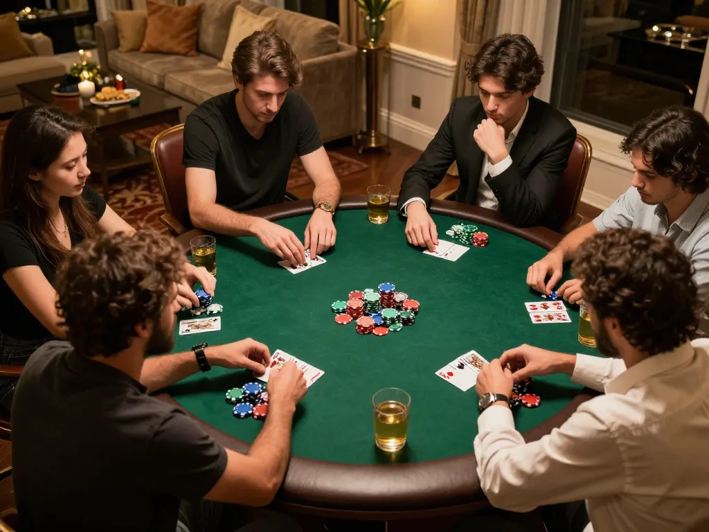 BOMWIN poker players strategizing in a cozy home game night setting