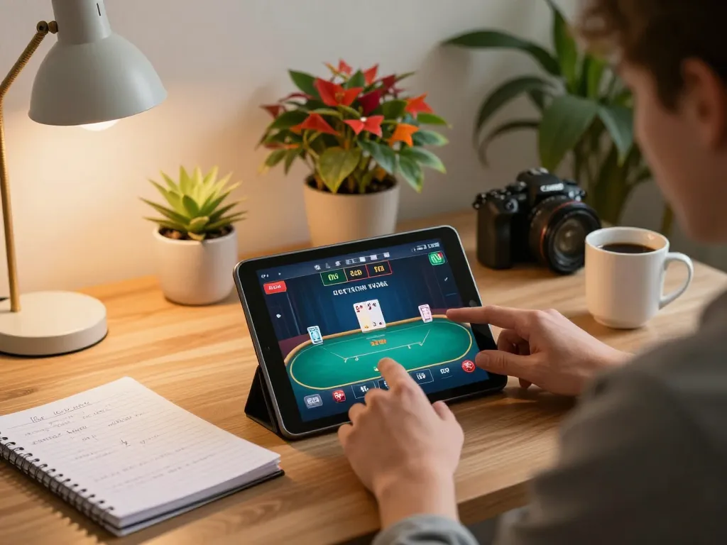 BL555 player strategizing poker at home with tablet in cozy environment.