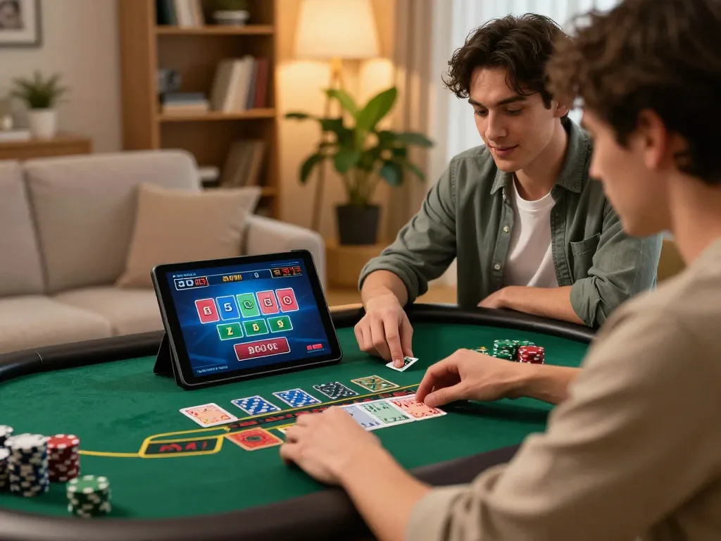 O8 SOCIAL player strategizing in a live baccarat game on tablet, cozy home atmosphere.