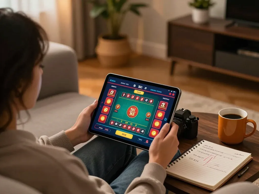 Engaged in Tài Xỉu online gameplay using a tablet in a cozy modern living room.