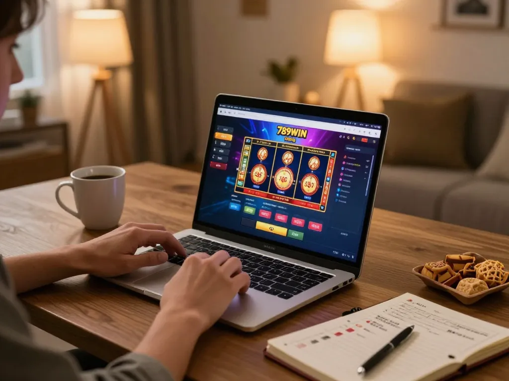 Player enjoying slots on 789WIN online casino, focusing on strategic gameplay in a cozy setting