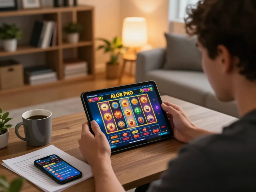 Player enjoying ALO8 PRO online slots on a tablet in a cozy living room, showcasing casual gaming.