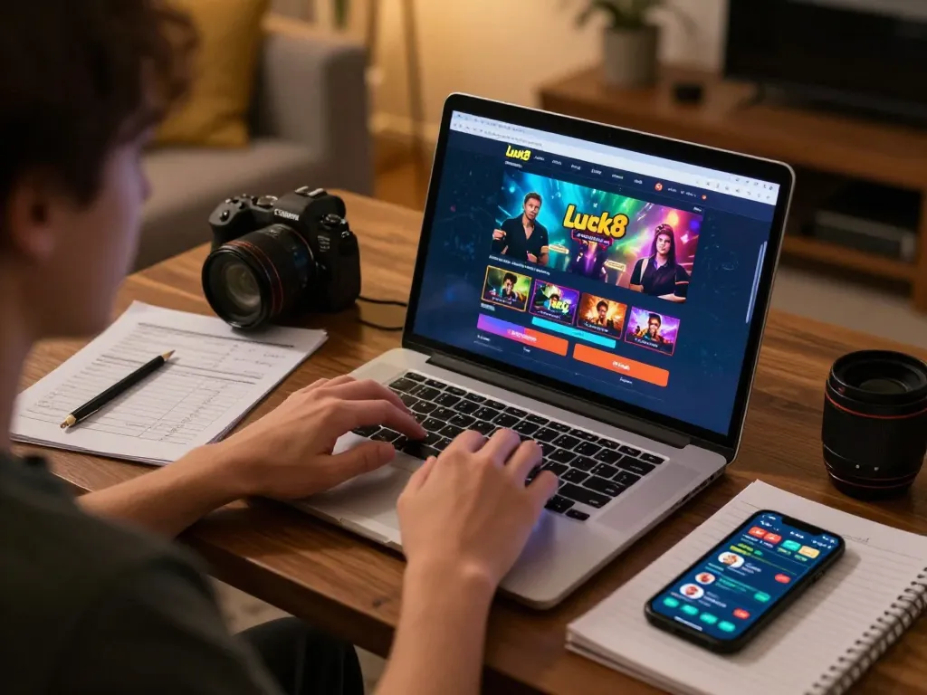 Player engaging with the luck8 casino app on a laptop, surrounded by strategic notes and a relaxed home atmosphere.