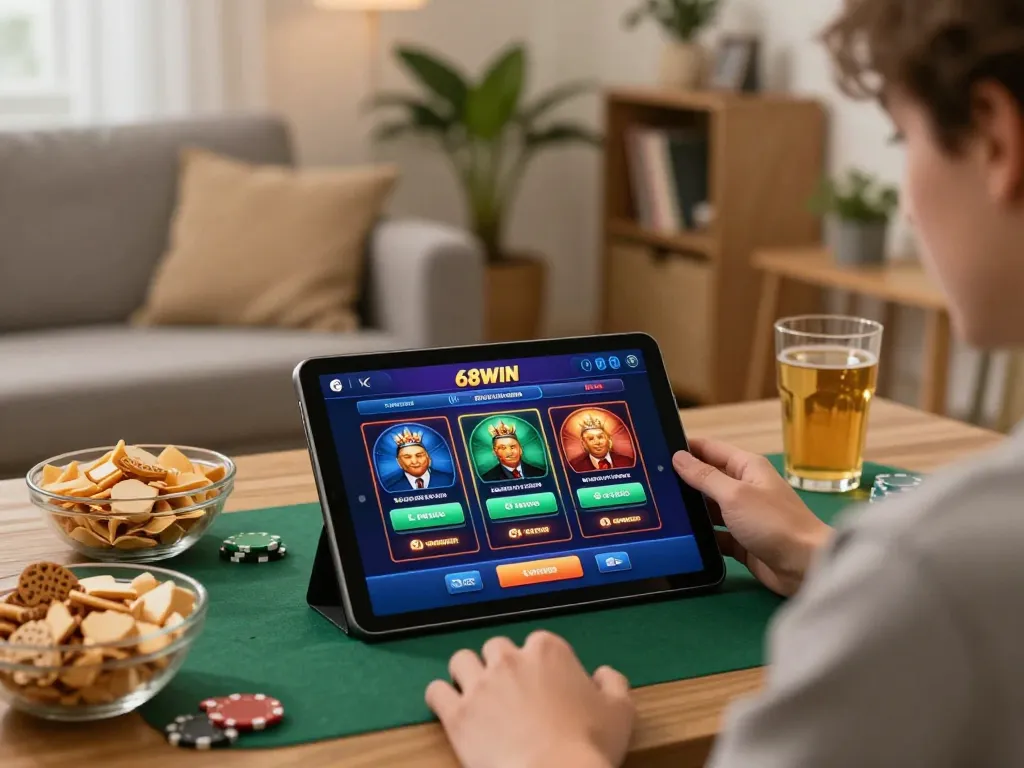 Engaging with 68WIN's online gambling platform from home, showcasing strategic gameplay and responsible gaming.