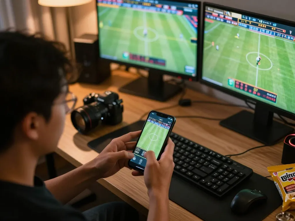 Experience online sports betting with f168 on a smartphone amidst live games and modern setup