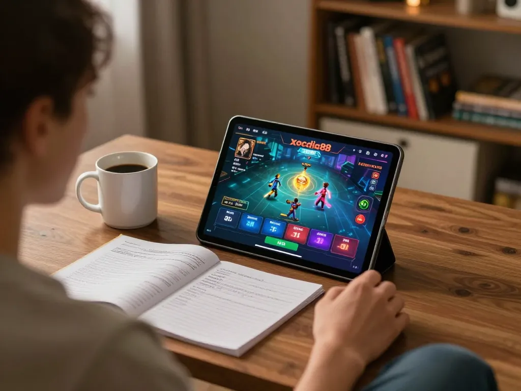 xocdia88 online gaming setup with tablet displaying a vibrant game interface in a cozy home.