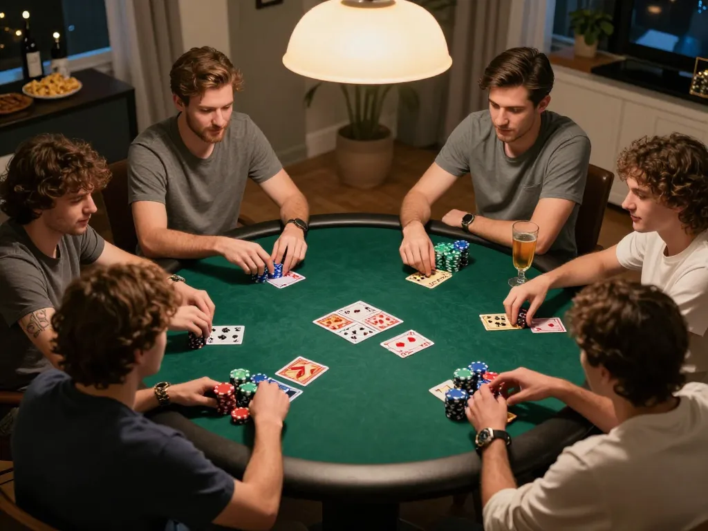 Friends engage in a lively home poker night showcasing sunwin strategy in a friendly atmosphere.