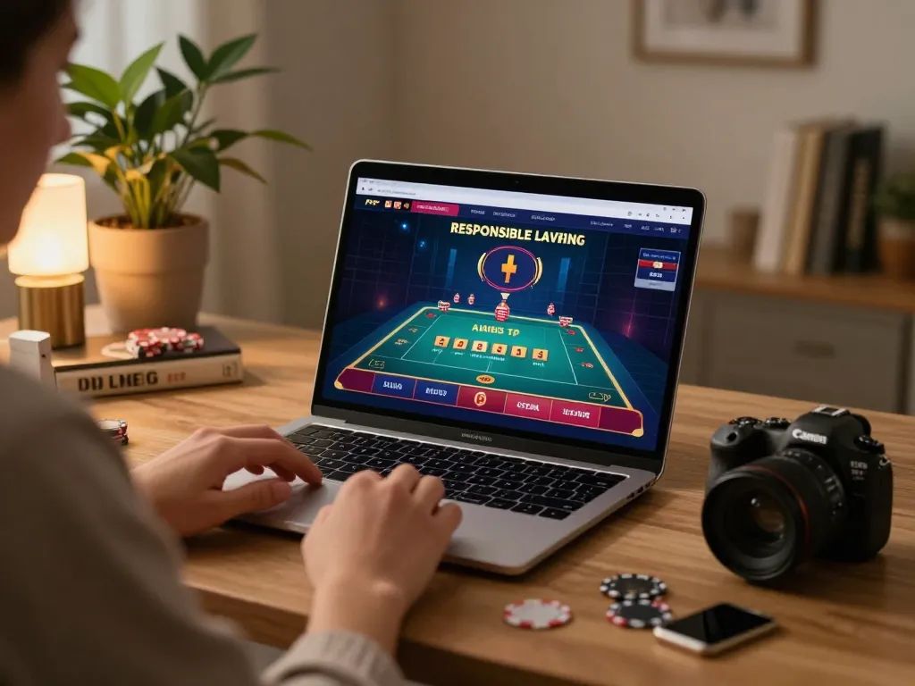 Engaged player strategizing online with gi8, showcasing responsible gambling practices in a cozy home environment.