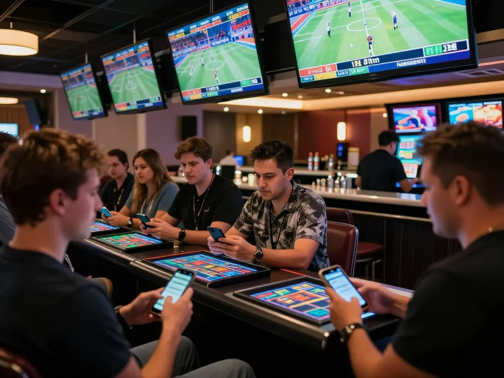 Engaging sports betting experience at 68win casino, with bettors analyzing odds on screens.