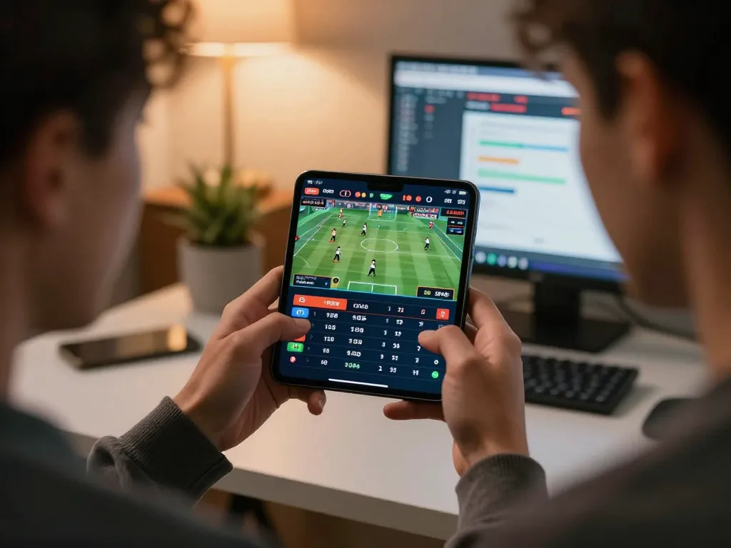 Person engages in mobile sports betting with 188v app showcasing live odds and game stats.