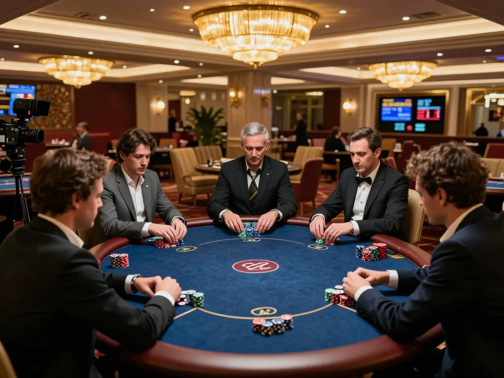 Players at the gk88 poker table strategizing their bets in an elegant casino VIP room.