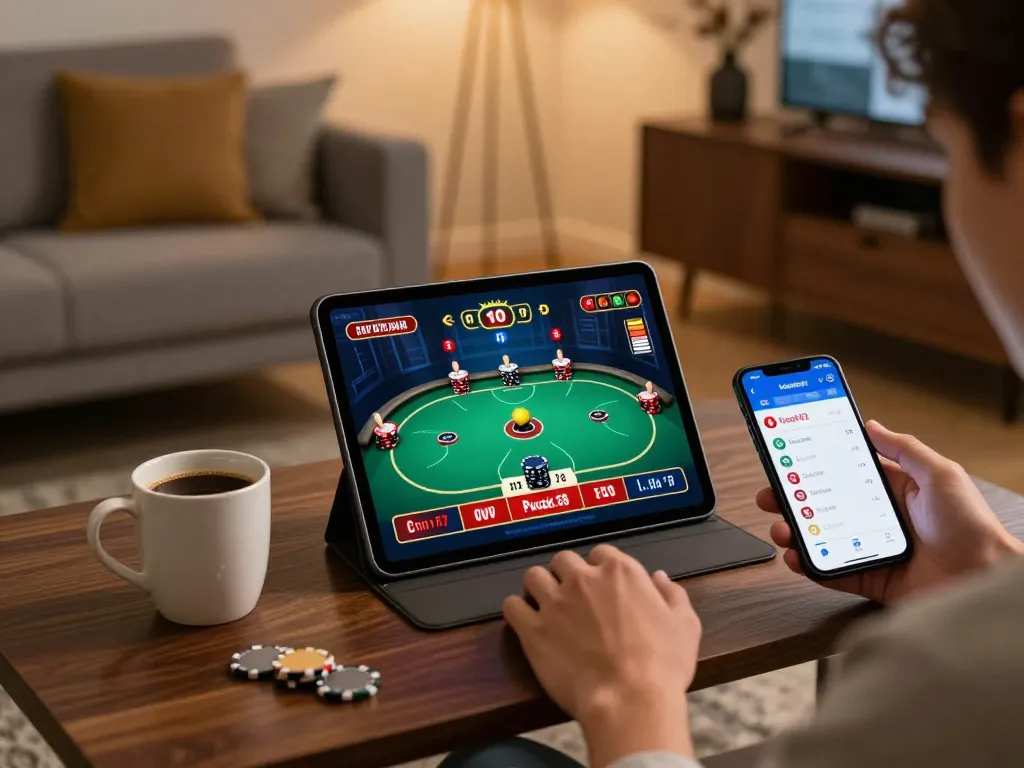Pucuk138 player engaging with live poker game on tablet in cozy home setup.