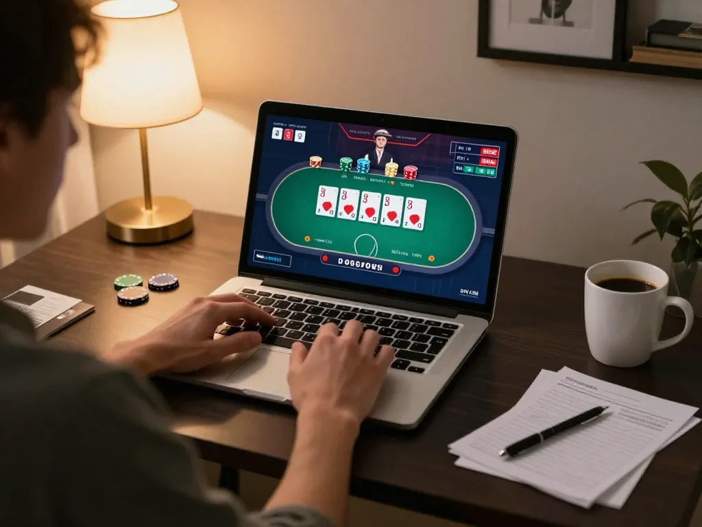 Player engaging in an online poker game on fly88 platform with laptop and strategy notes.