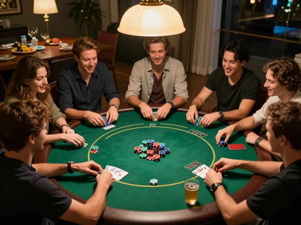 Friends enjoying a lively poker night at home on TR88, with colorful chips and cards in play.