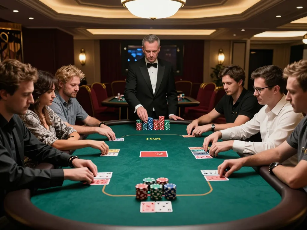 Players strategizing their bets at the LV88 poker table, showcasing an engaging casino atmosphere.