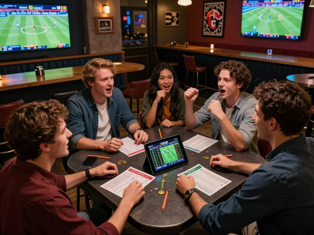 Friends placing strategic bets at the hit club sports betting table with live games in background.