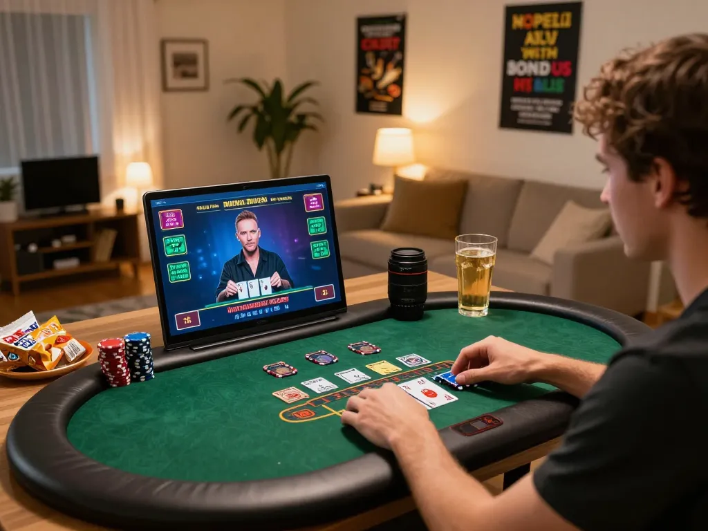 Engaged player enjoying F168 online blackjack game in a cozy home setup.