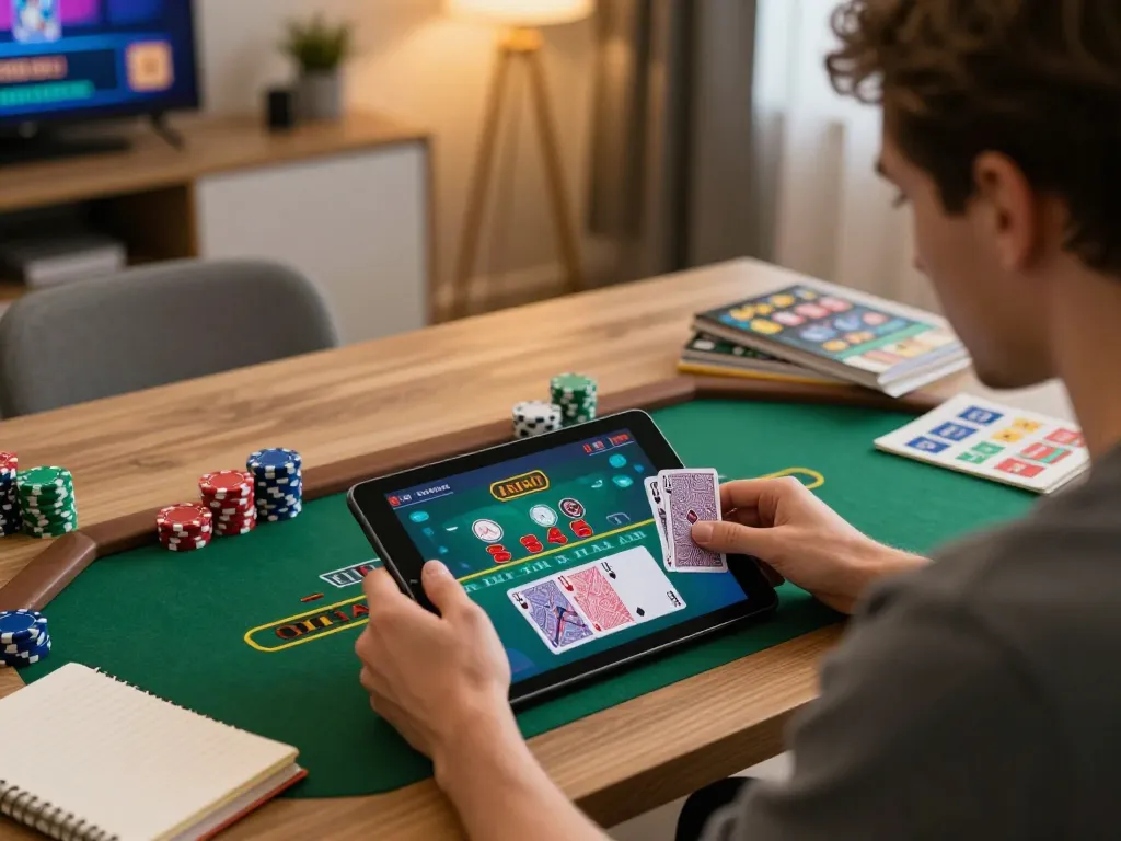 Engaged player enjoying tr88 table blackjack in a stylish home office atmosphere with a tablet.