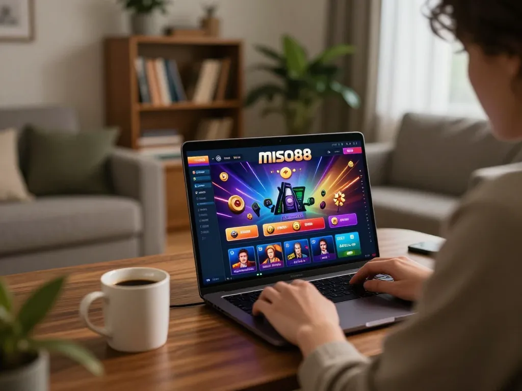 Miso88 user enjoying online gaming experience in a cozy home environment.