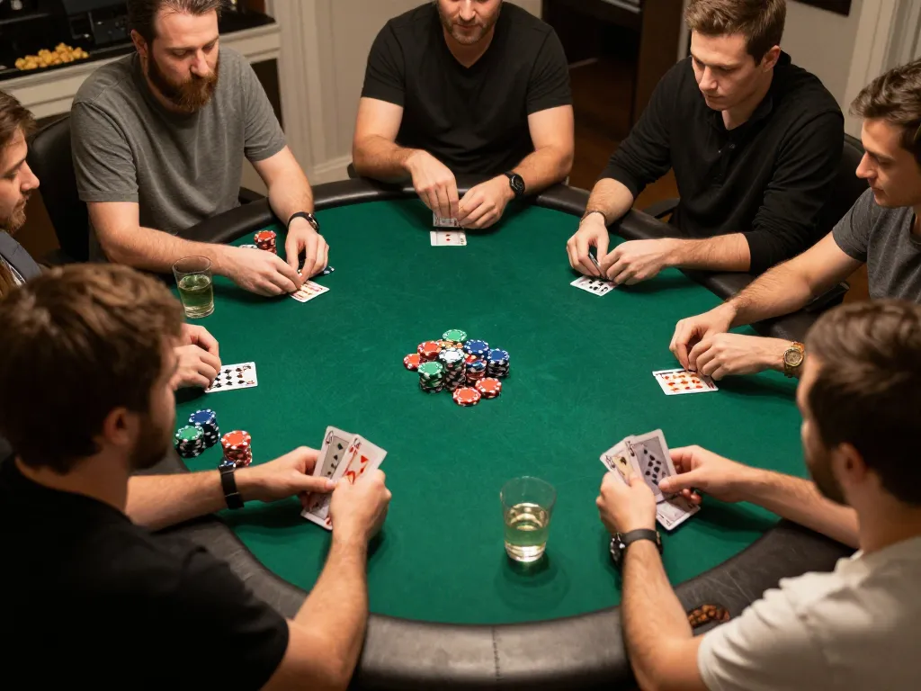 Kkwin players engaged in a competitive home poker game, showcasing chips and cards