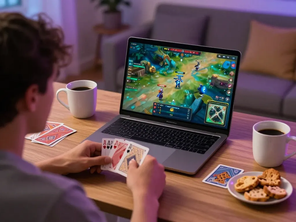 Engaging in a game bài session online, showcasing a player at home with vibrant game display and snacks