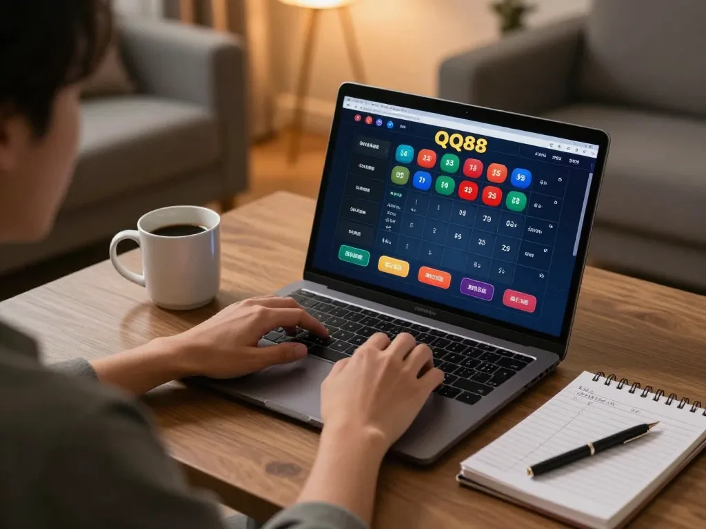 Experience thrilling online gameplay with QQ88, showcasing a person strategizing with casino interface on laptop.