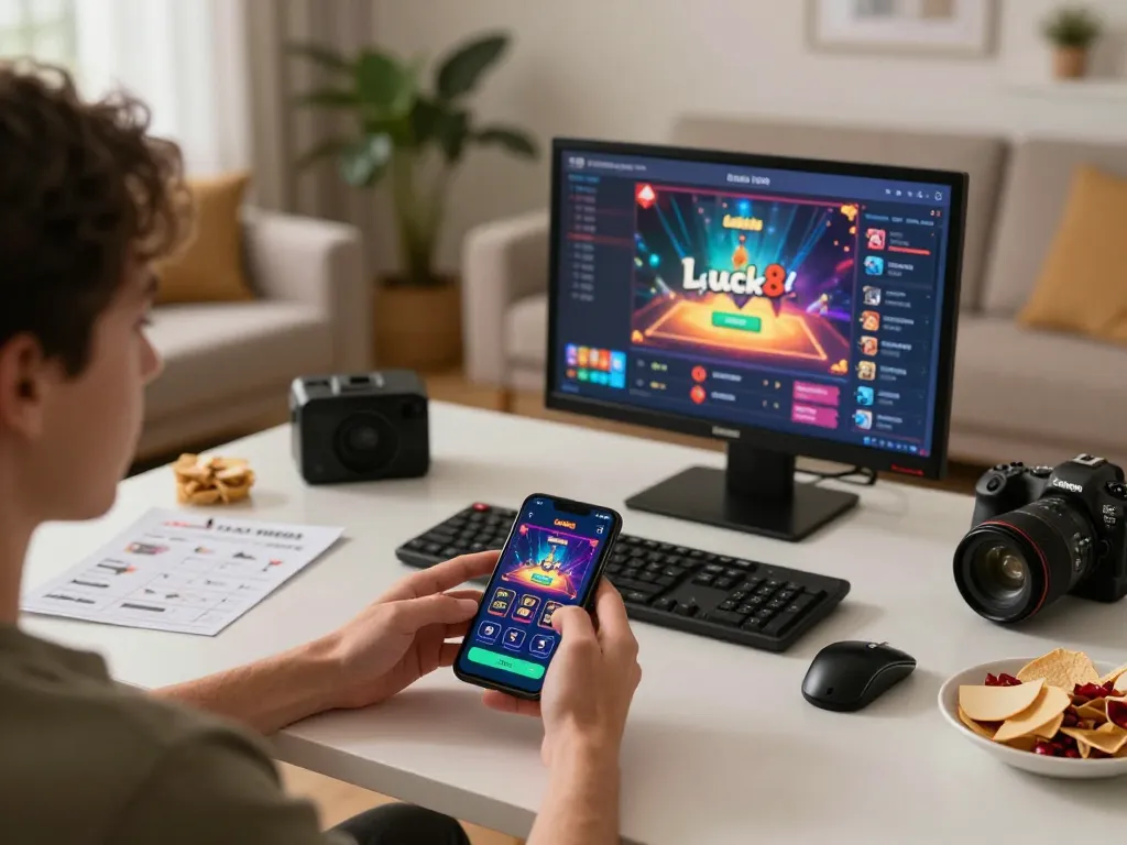 Playing luck8l on a smartphone at home, capturing an engaging online gaming experience.