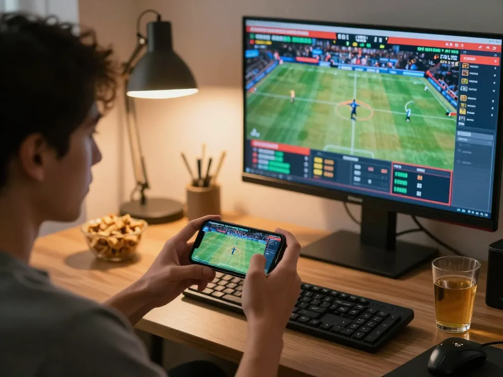 EK333 user engaging in live sports betting via mobile app in a bright home office.