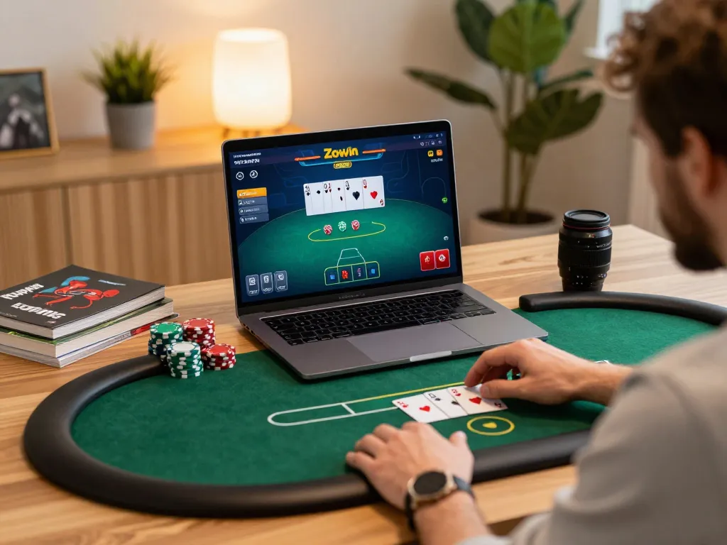 Player engaging with Zowin poker game on laptop, showcasing strategic gameplay at home