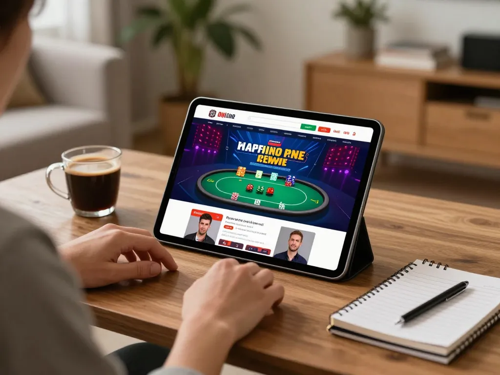 Luckywin online casino interface on a tablet in a cozy living room, showcasing engaging poker gameplay