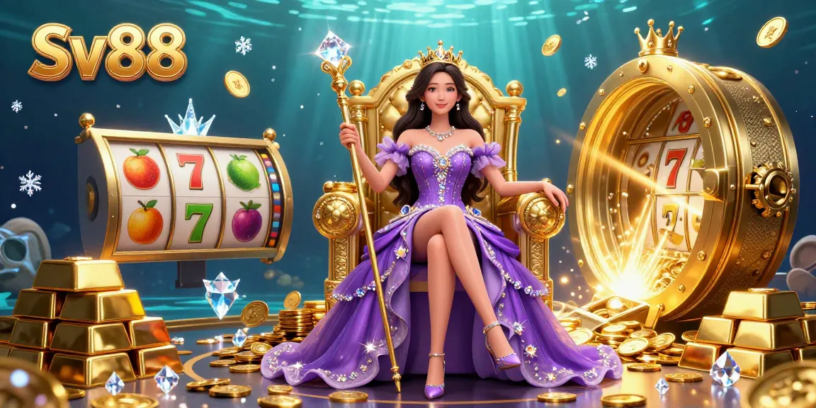 Engage with Sv88 as the beautiful Asian woman presents a rich casino scene filled with gems and treasures.