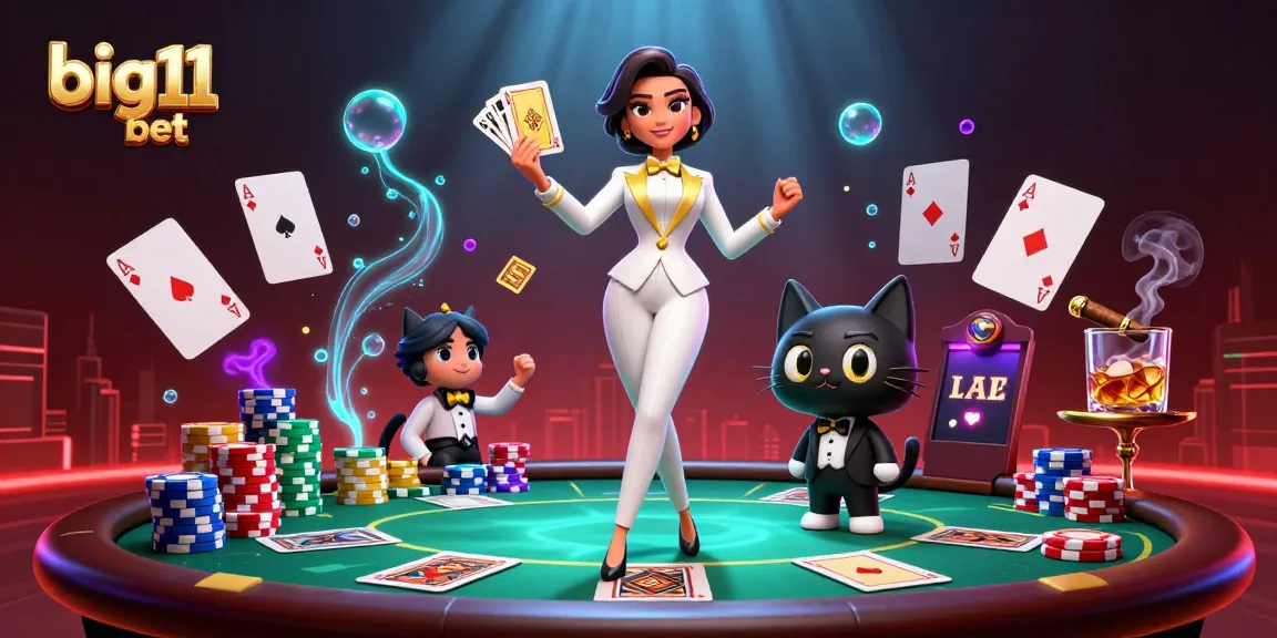 Rasakan big11 bet dengan wanita glamor di meja poker, menampilkan elemen kasino ikonik.
