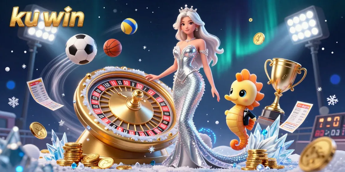 Win big with ku win at the casino, featuring a dazzling roulette wheel and vibrant game elements.