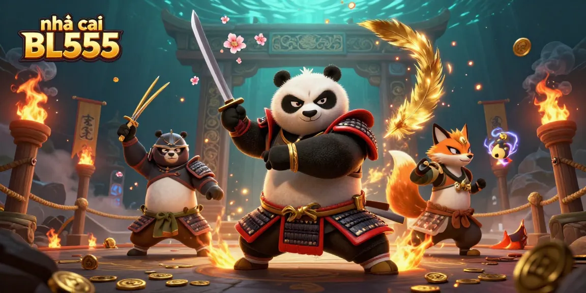 Experience thrilling gameplay at nhà cái BL555 with action-packed samurai and ninja characters in a vibrant casino scene.