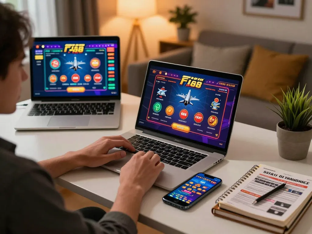 Engaging with F168's online baccarat on a laptop, showcasing strategic gameplay.