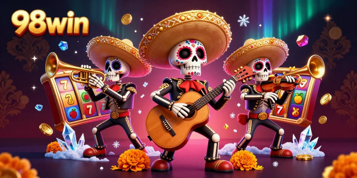 Experience the excitement at 98win with colorful slot game elements in a festive casino scene.